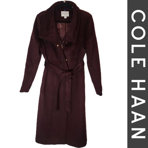 Cole Haan Belted Wool Blend Coat NWT Bordeaux Size 10 - Picture 1 of 13